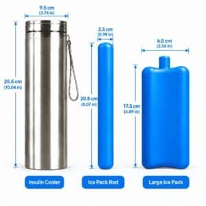 XL insulin cooler travel case dimensions shown with ice pack rod and large ice pack.